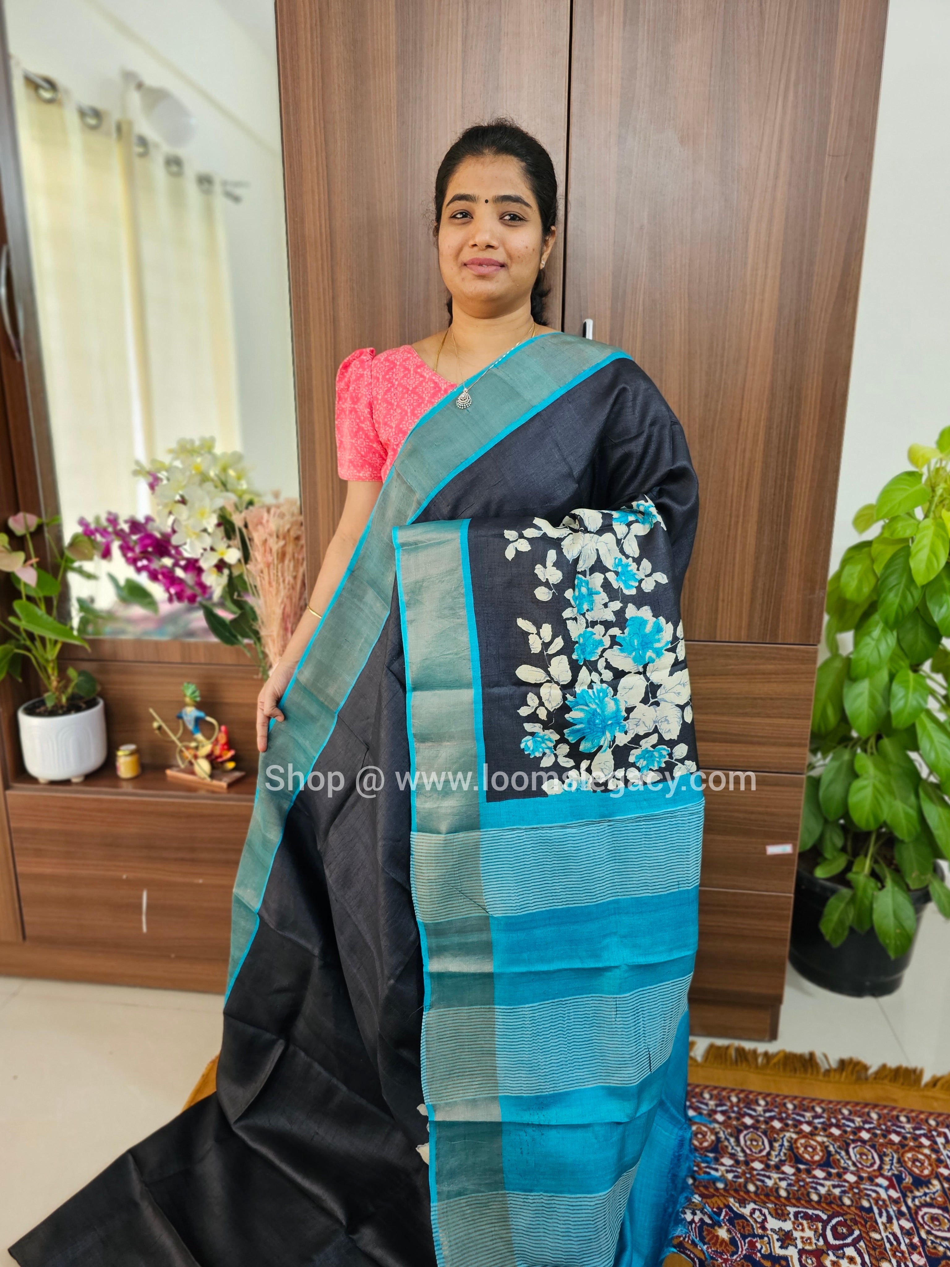 Bhagalpur Handloom Pure Linen Cotton Hand-Dyed Batik Pattern Saree-Bla