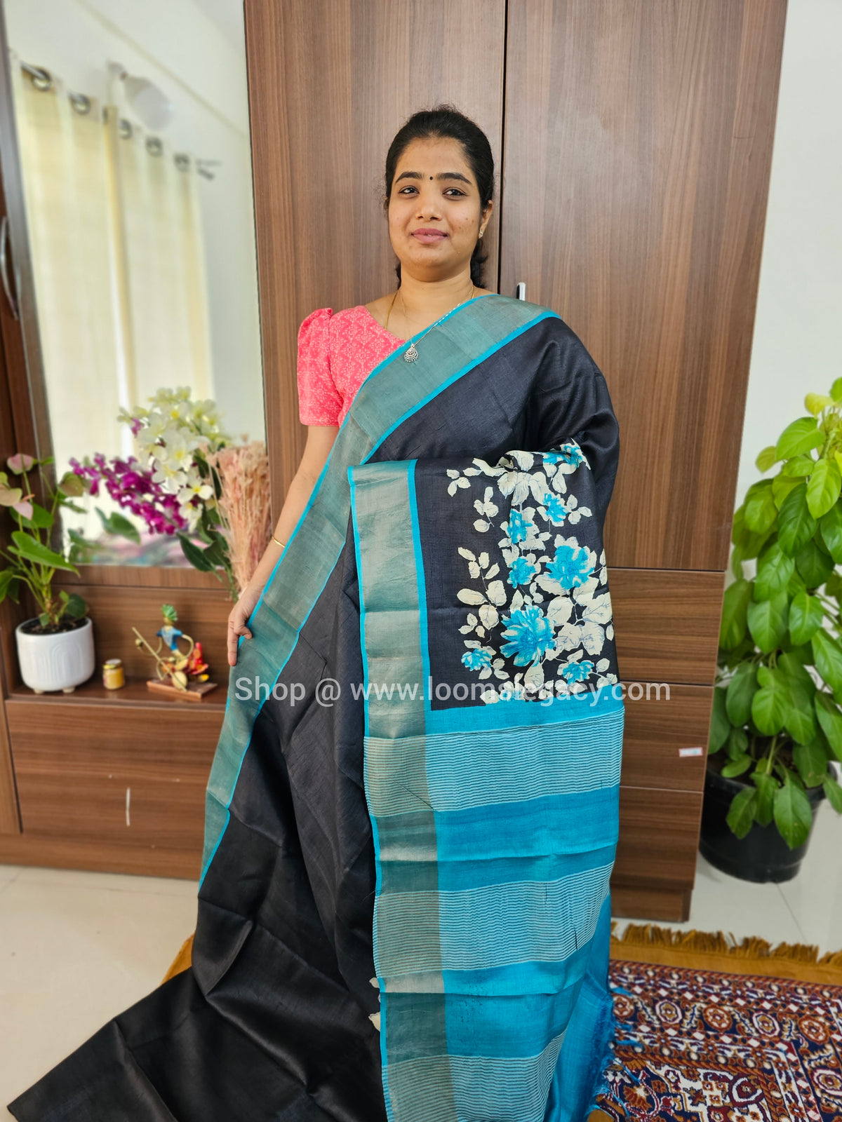 Black with Blue Handwoven Tussar Silk Saree with Zari Border