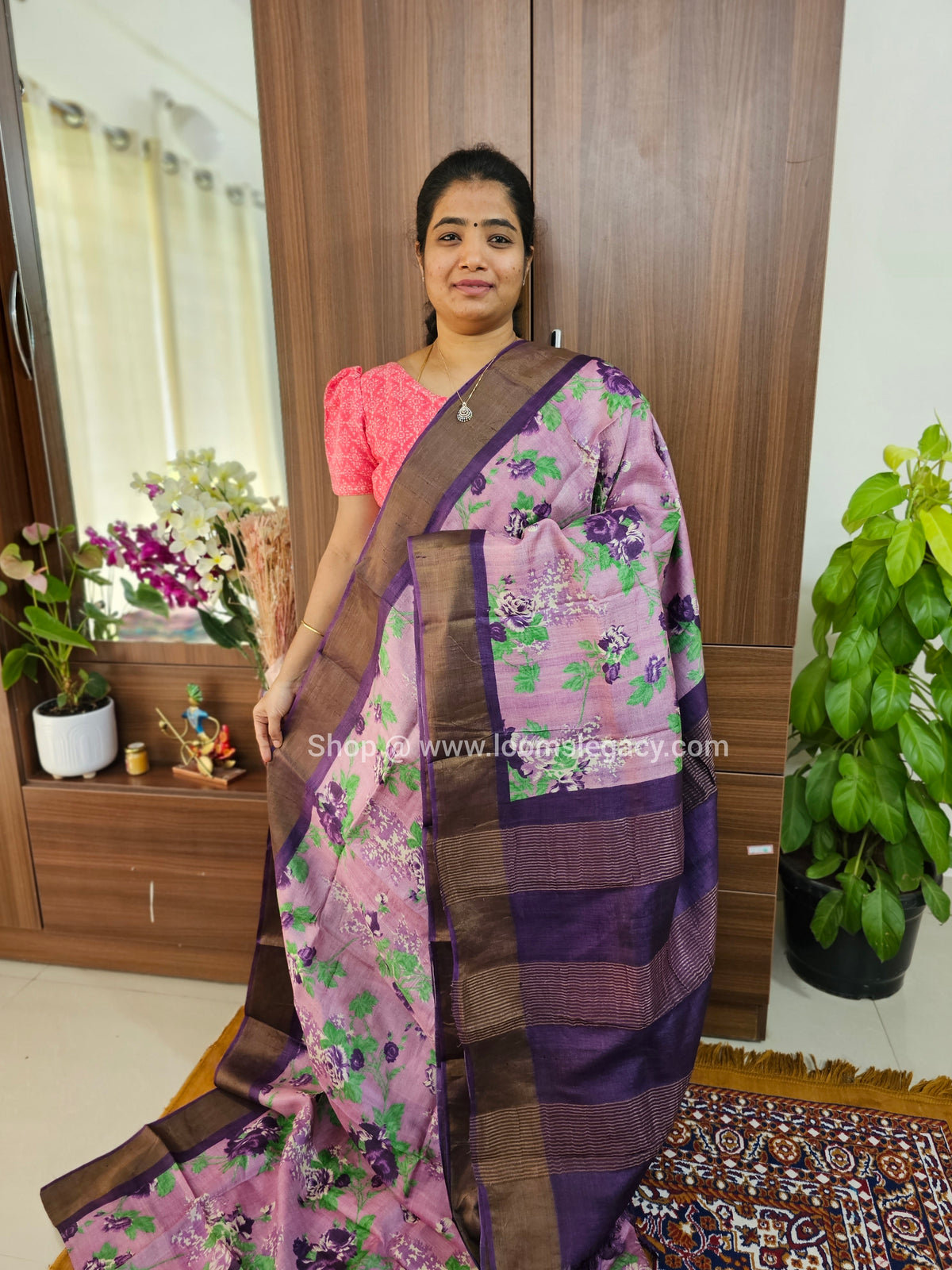 Lavender with Dark Purple Handwoven Tussar Silk Saree with Zari Border