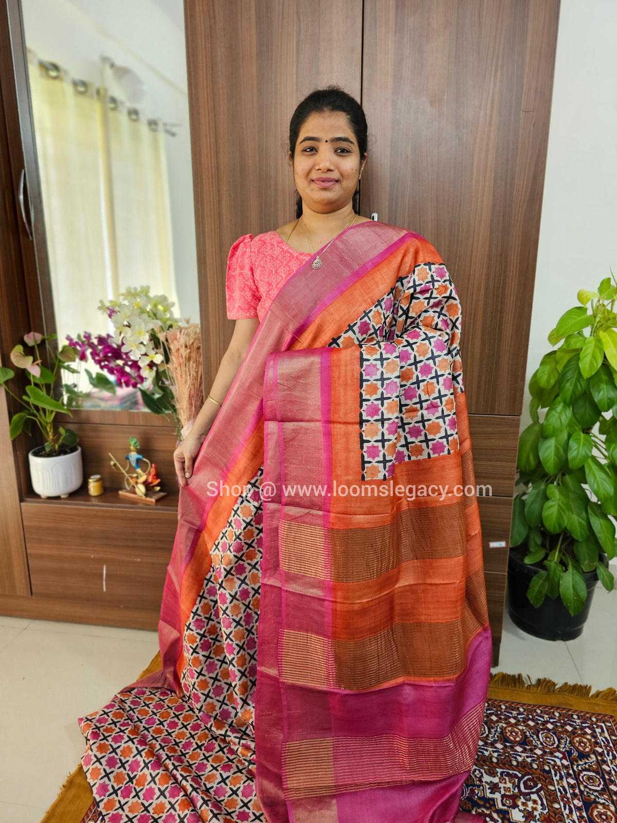 Cream with Pink & Orange Handwoven Tussar Silk Saree with Zari Border