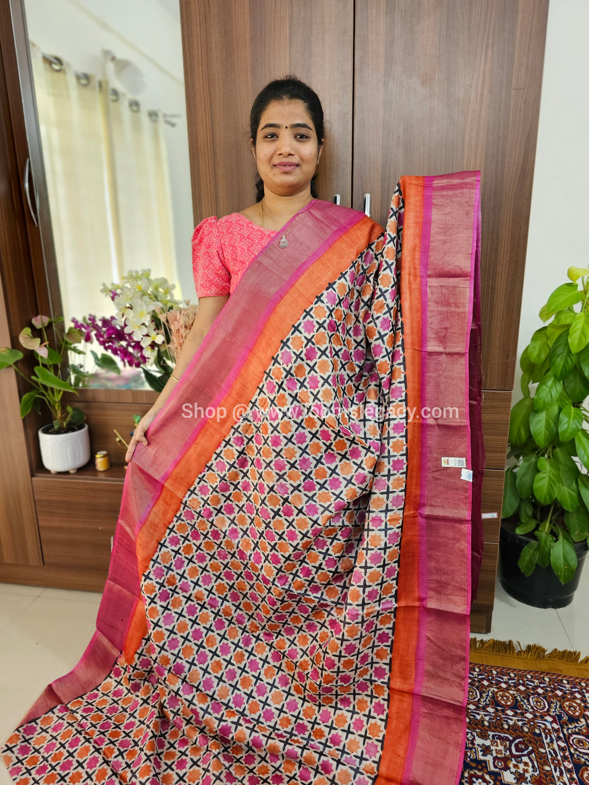 Cream with Pink & Orange Handwoven Tussar Silk Saree with Zari Border