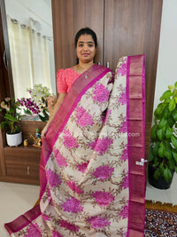 Cream with Pink Handwoven Tussar Silk Saree with Zari Border