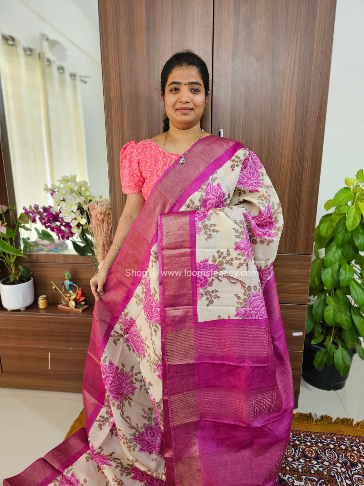 Cream with Pink Handwoven Tussar Silk Saree with Zari Border