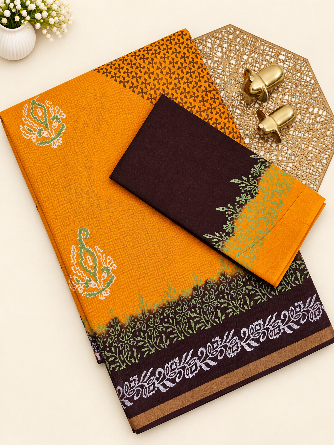 Pure Munga Checks Cotton with Hand Block Printed Sarees -  Yellow with Dark Coffee Brown