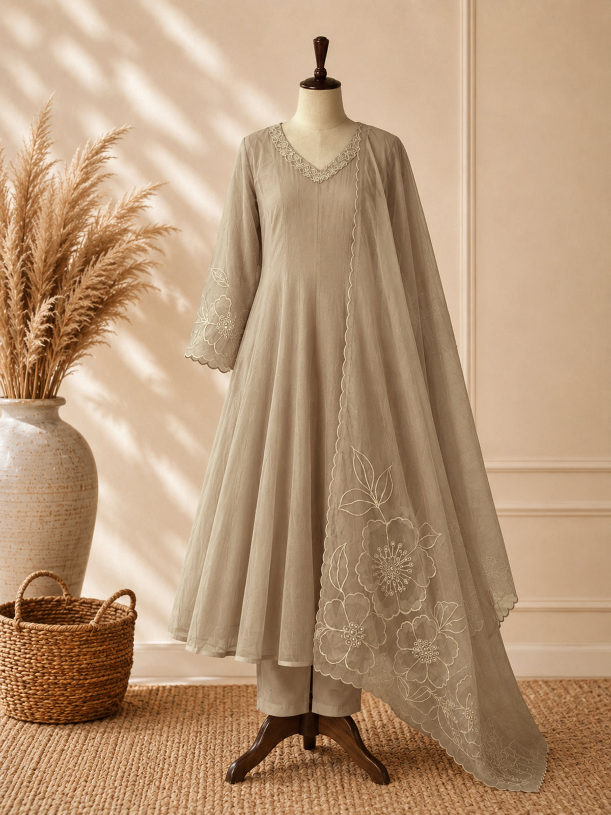 Mul Chanderi 3 pcs Salwar Suit - Beige / Chikoo