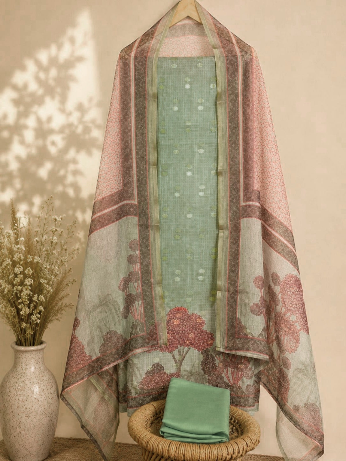 Tussar Kota with Cut Work Unstitched Salwar -  Green