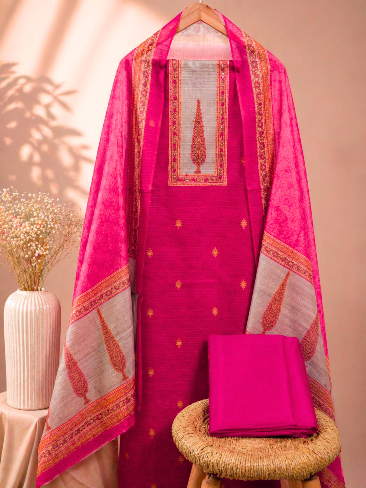 Semi Tussar Unstitched Salwar Set – Pink