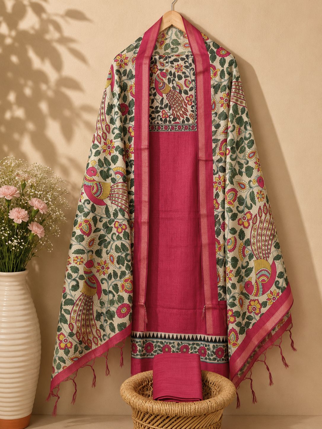 Soft Semi Tussar Unstitched Salwar Set – Pink