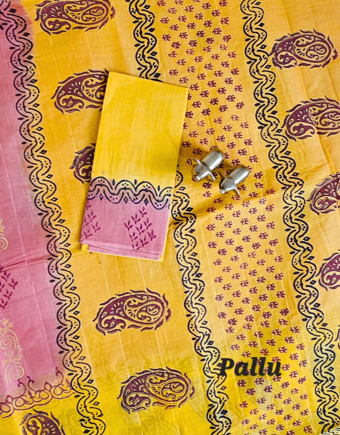 Pure Cotton with Hand Block Prints - Peachish Pink with Yellow