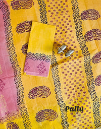 Pure Cotton with Hand Block Prints - Peachish Pink with Yellow