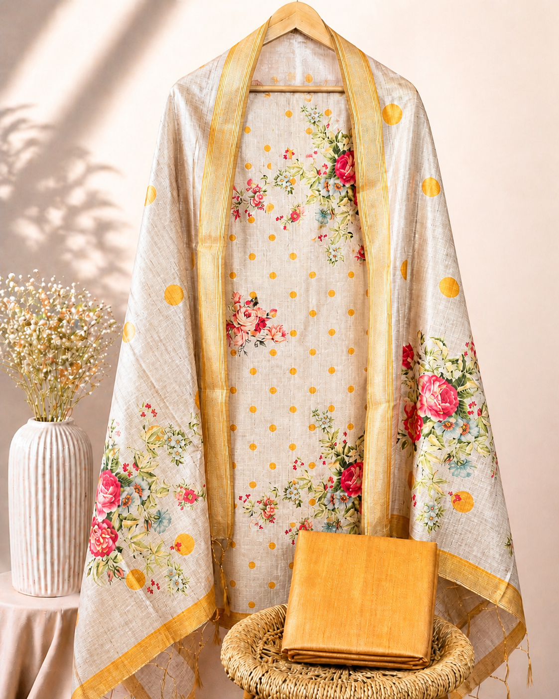 Semi Tussar Floral Polka Digital Prints Unstitched Salwar Set – Mustard Yellow