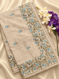 Premium Semi Tussar Zari Woven with Beautiful Emboridery Saree - Cream with Blue