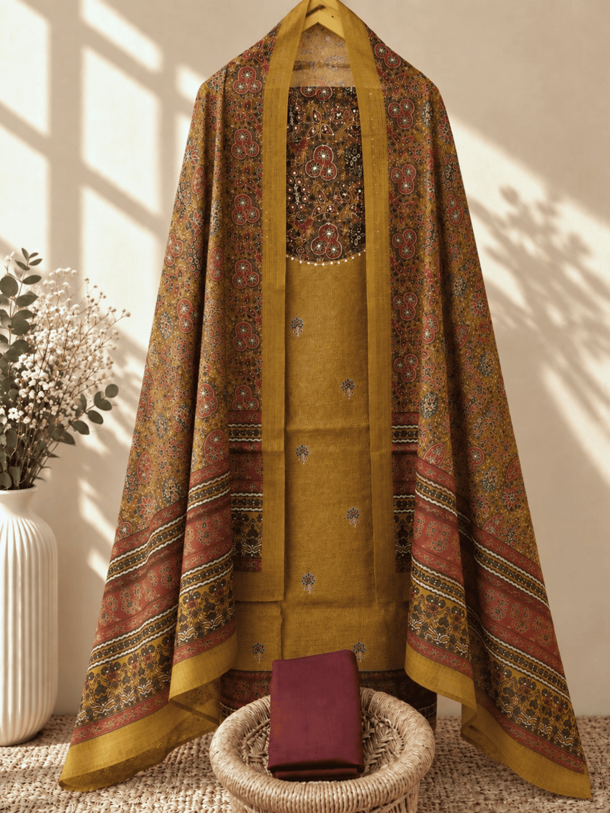 Linen Tissue Unstitched Salwar Set – Mustard Brown with Maroon
