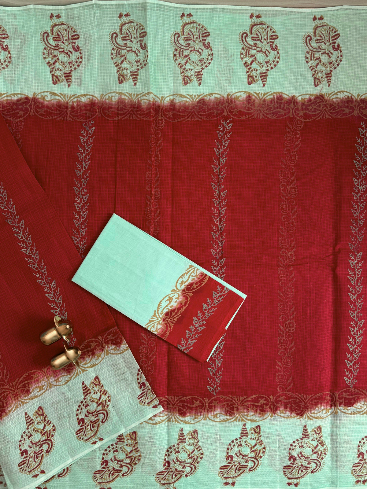 Pure Cotton with Checks Hand Block Prints - Red with Sea Green
