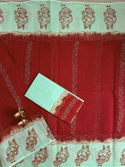 Pure Cotton with Checks Hand Block Prints - Red with Sea Green