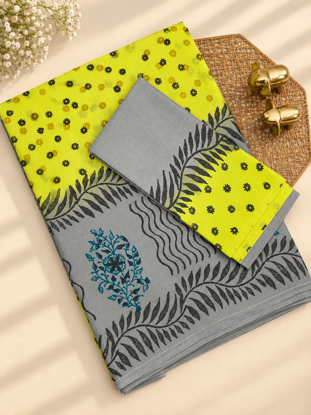Pure Cotton with Hand Block  Prints - Green with Grey