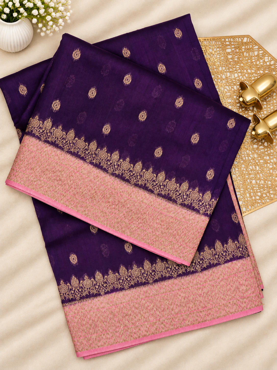 Jute Banarasi Silk Saree - Purple with Pink