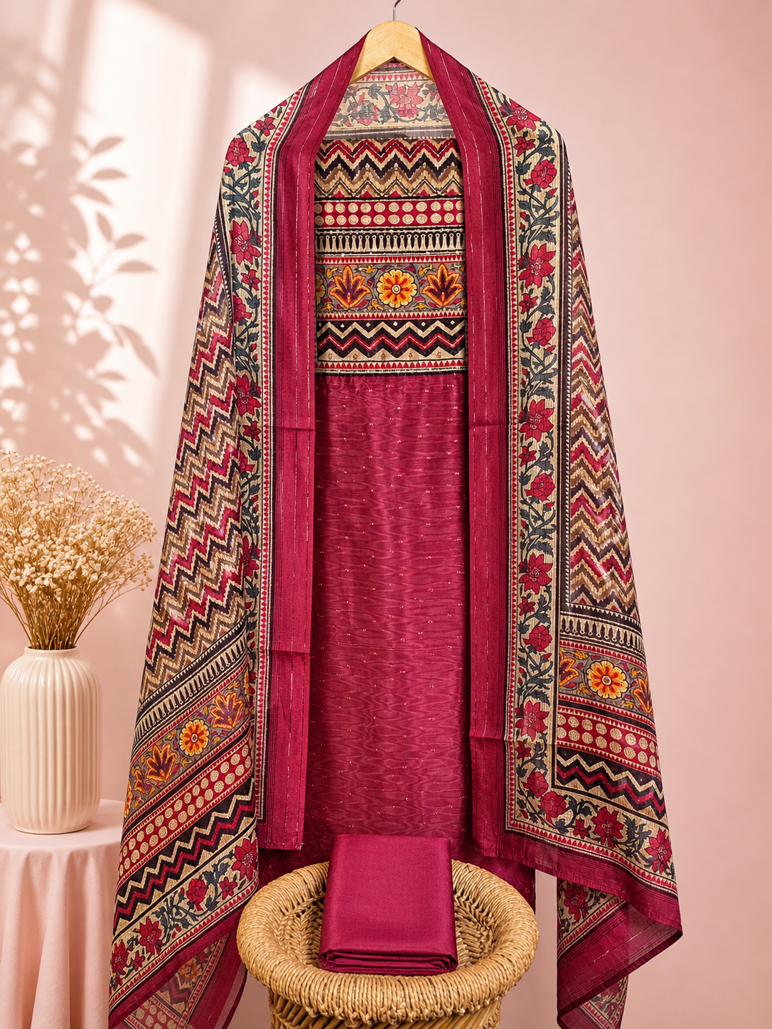 Silk Unstitched Salwar Set – Maroon
