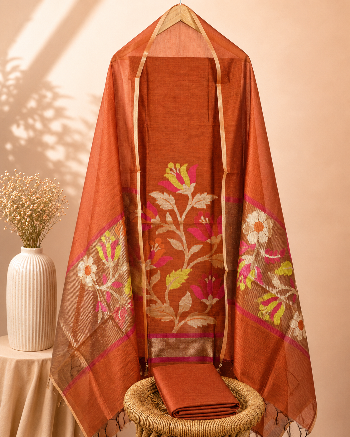 Silk Cotton Unstitched Salwar - Rust Orange