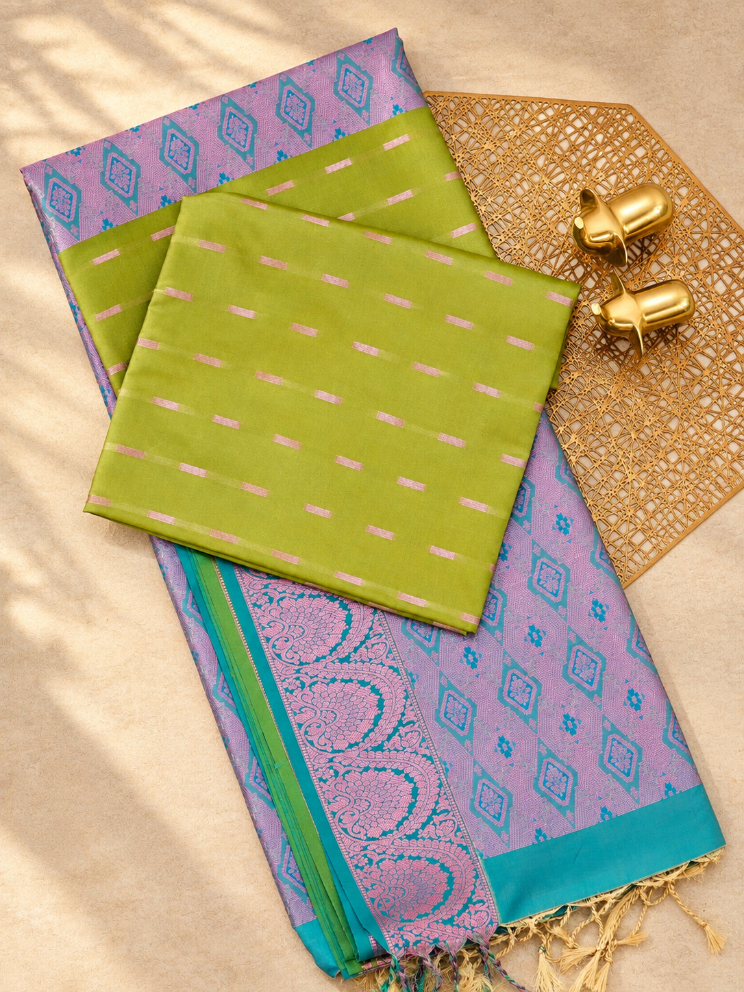 Green with Sea Green Pink Zari Woven Semi Soft Silk Saree