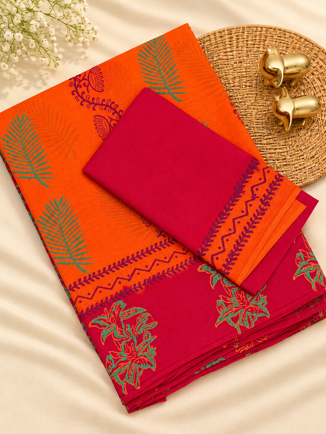 Pure Cotton with Hand Block Prints - Orange with Red