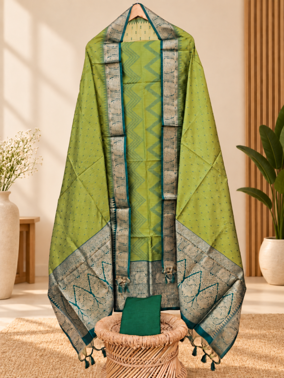Raw Silk Unstitched Salwar - Green