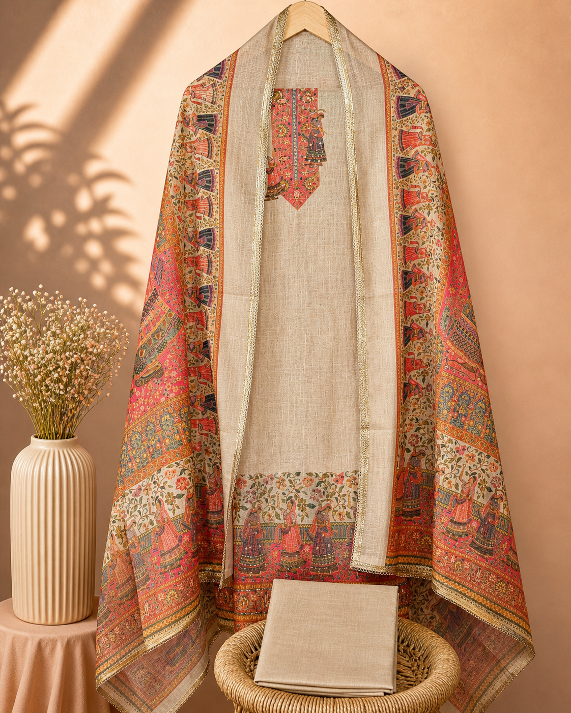 Linen Tissue Unstitched Salwar Set – Cream