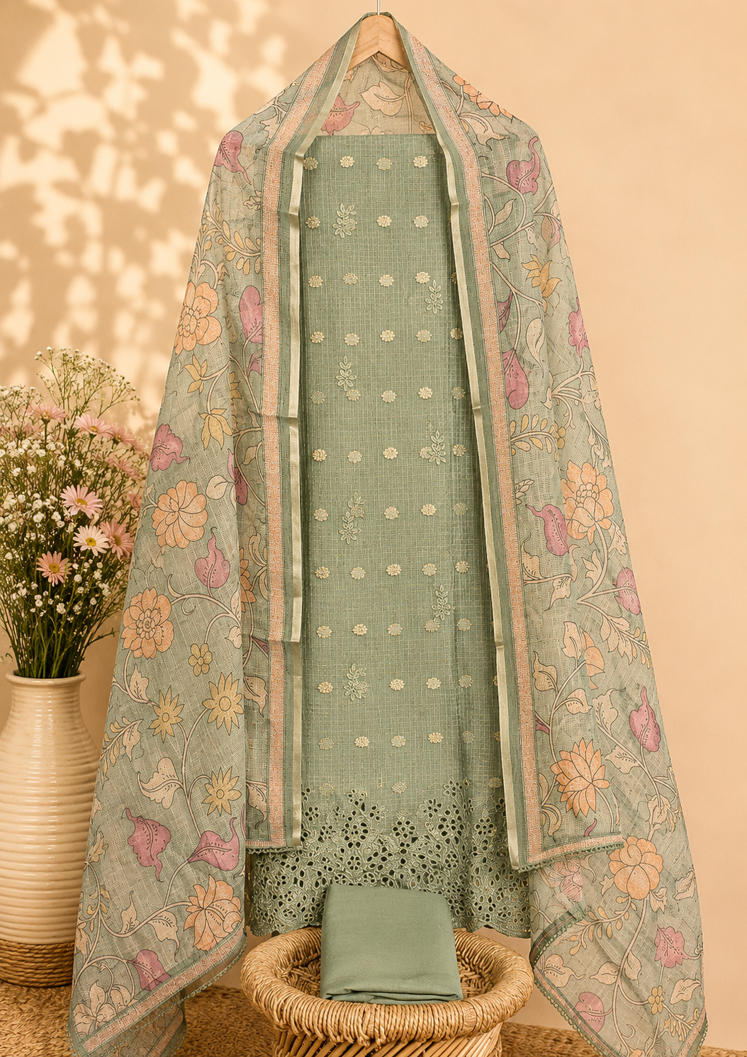 Tussar Kota with Cut Work Unstitched Salwar -  Green