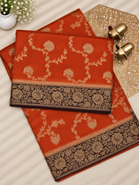 Jute Banarasi Silk Saree - Rust Orange with Brown