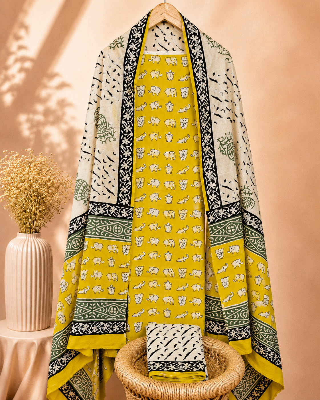 Pure Cotton Unstitched Salwar - Yellow with Black