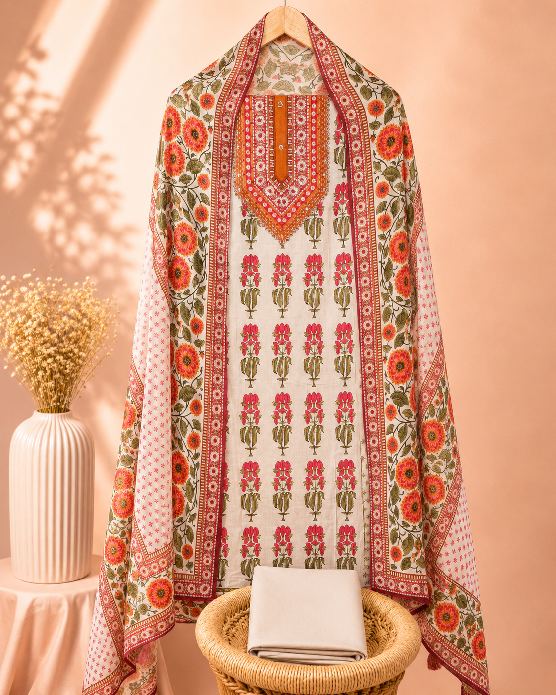 Soft ModalUnstitched Salwar Set – Cream with Multi Shade