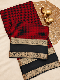 Red with Black Checks Premium Semi Mysore Crepe Silk Saree