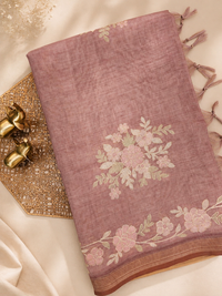 Linen Tissue with Aari Work - Onion Pink