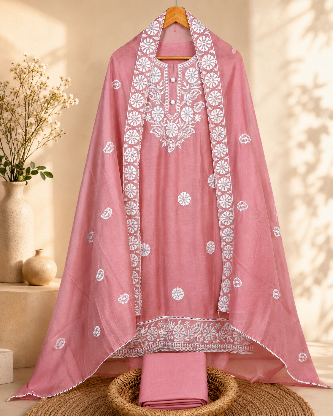 Chanderi Embroidery Unstitched Salwar - Pink