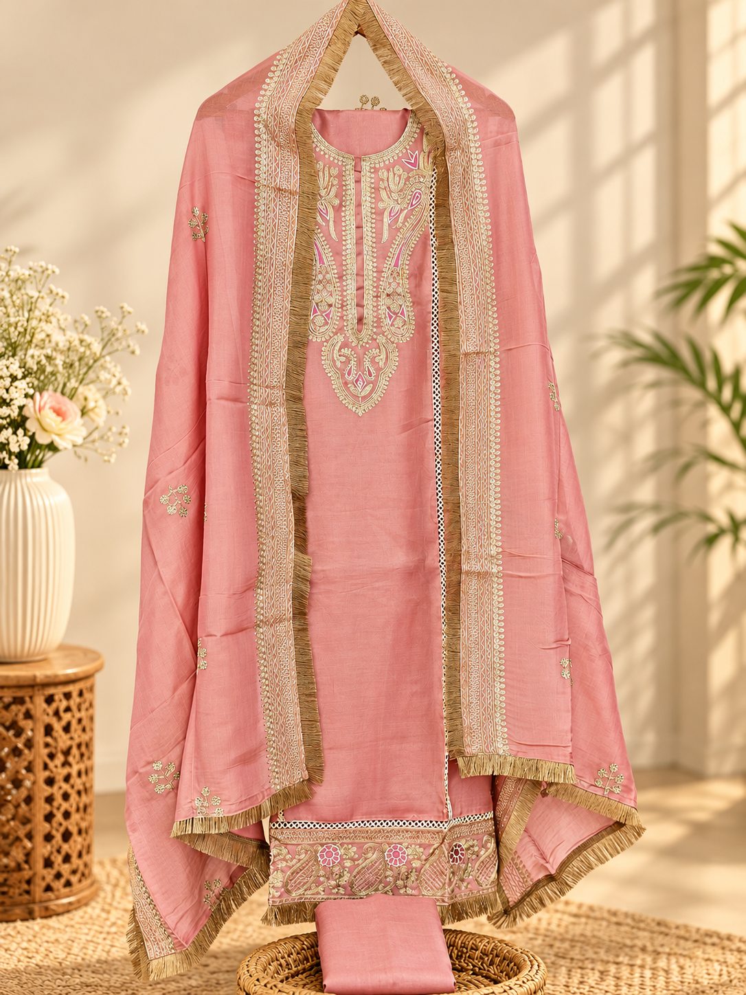 Soft Tissue Silk Unstitched Salwar - Pink