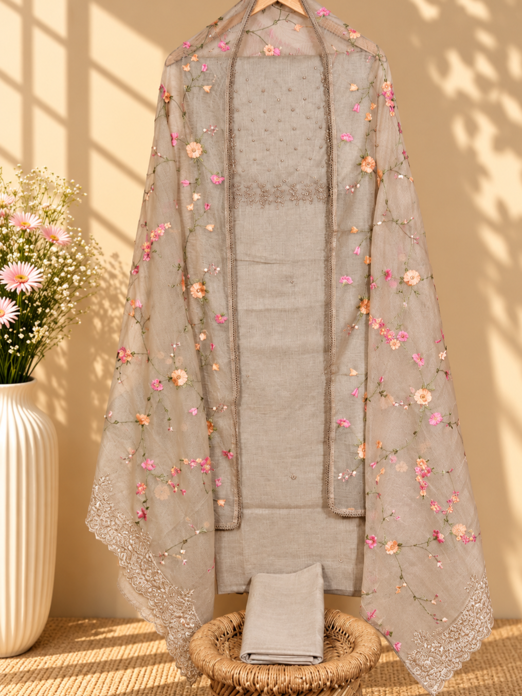 Linen By Linen Beads and Thread Knot Work Unstitched Salwar - Cream