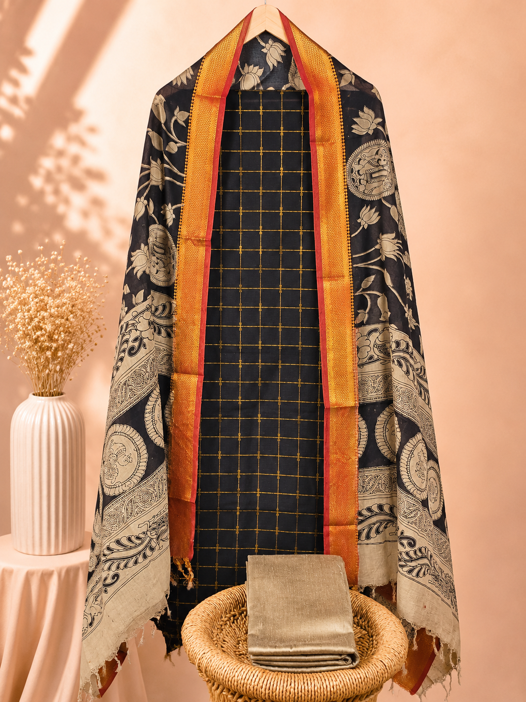Raw Silk Unstitched Salwar Set – Black