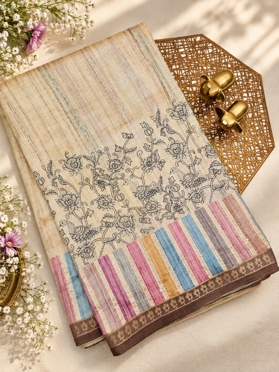 Soft Semi Tussar Multi Colour Stripes with Kantha Work - Cream with Multi Shade