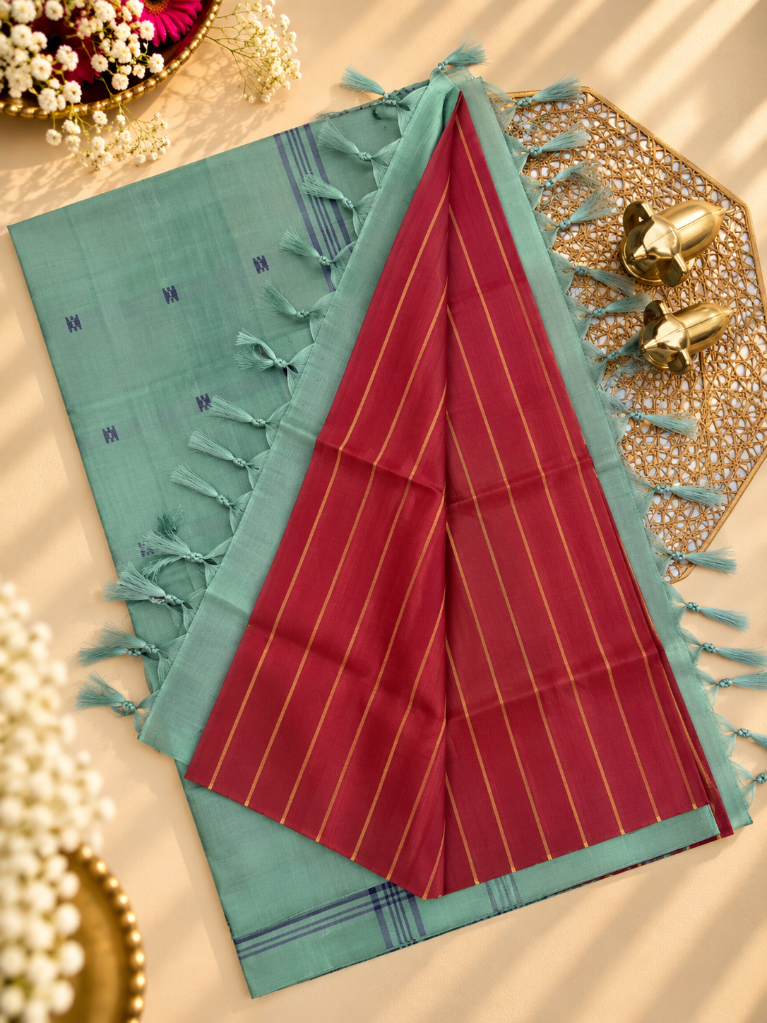 Chinnalampattu Saree - Dark Red with Sea Green