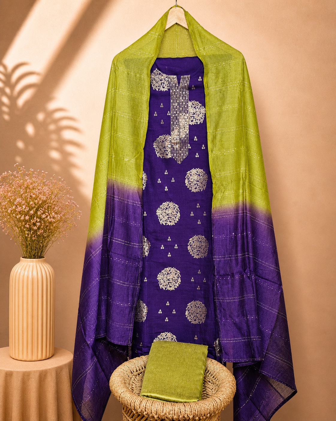 Soft Raw Silk Unstitched Salwar Set – Purple with Green
