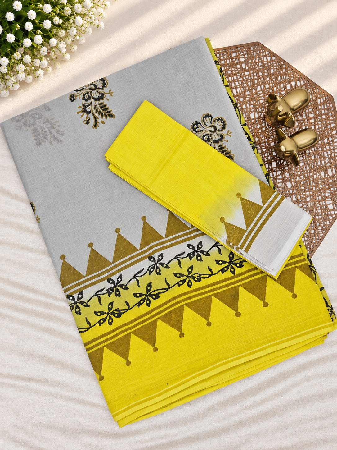 Pure Cotton with Hand Block  Prints - Light Grey with Yellow