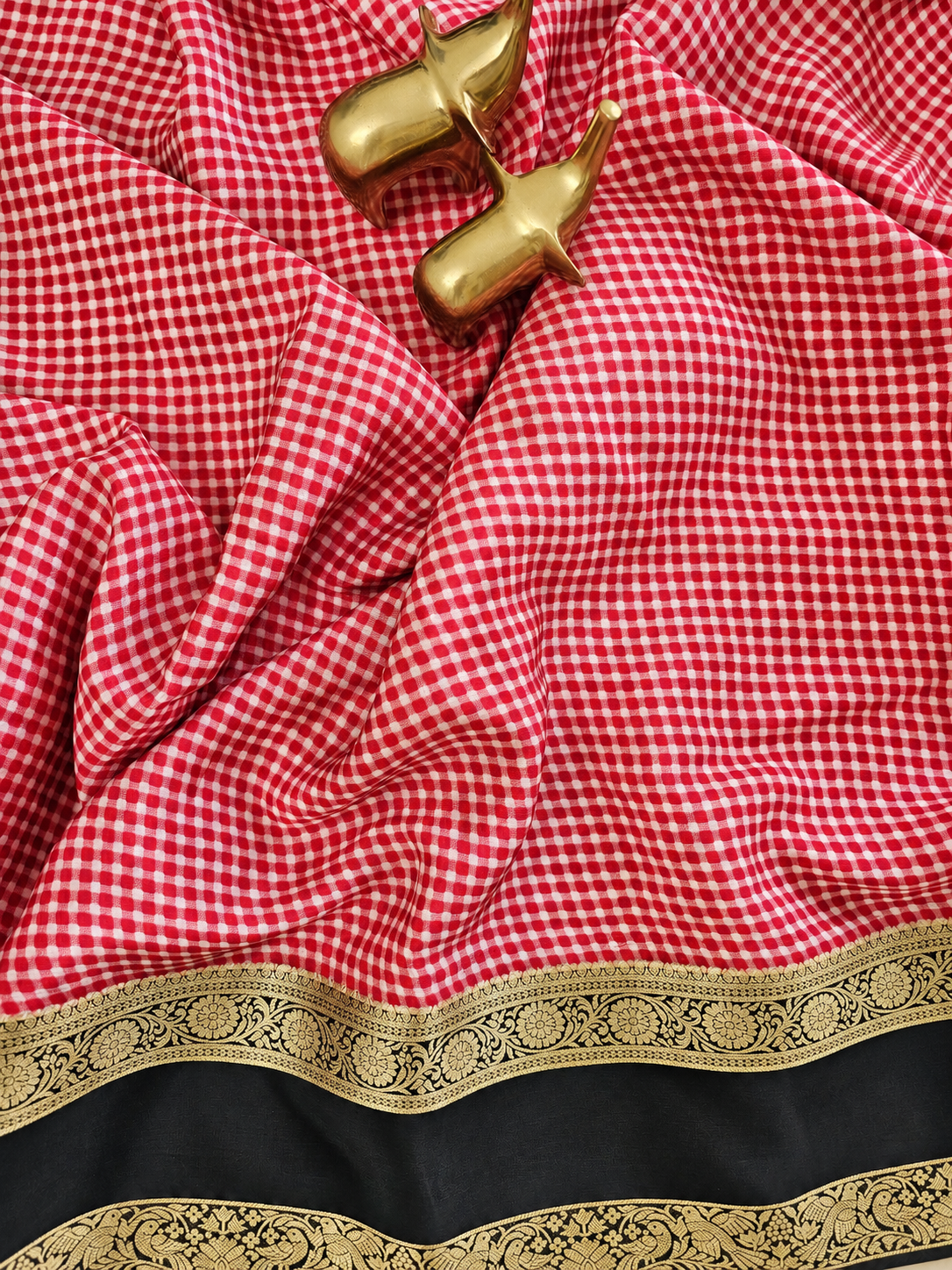 Red with White Checks Premium Semi Mysore Crepe Silk Saree