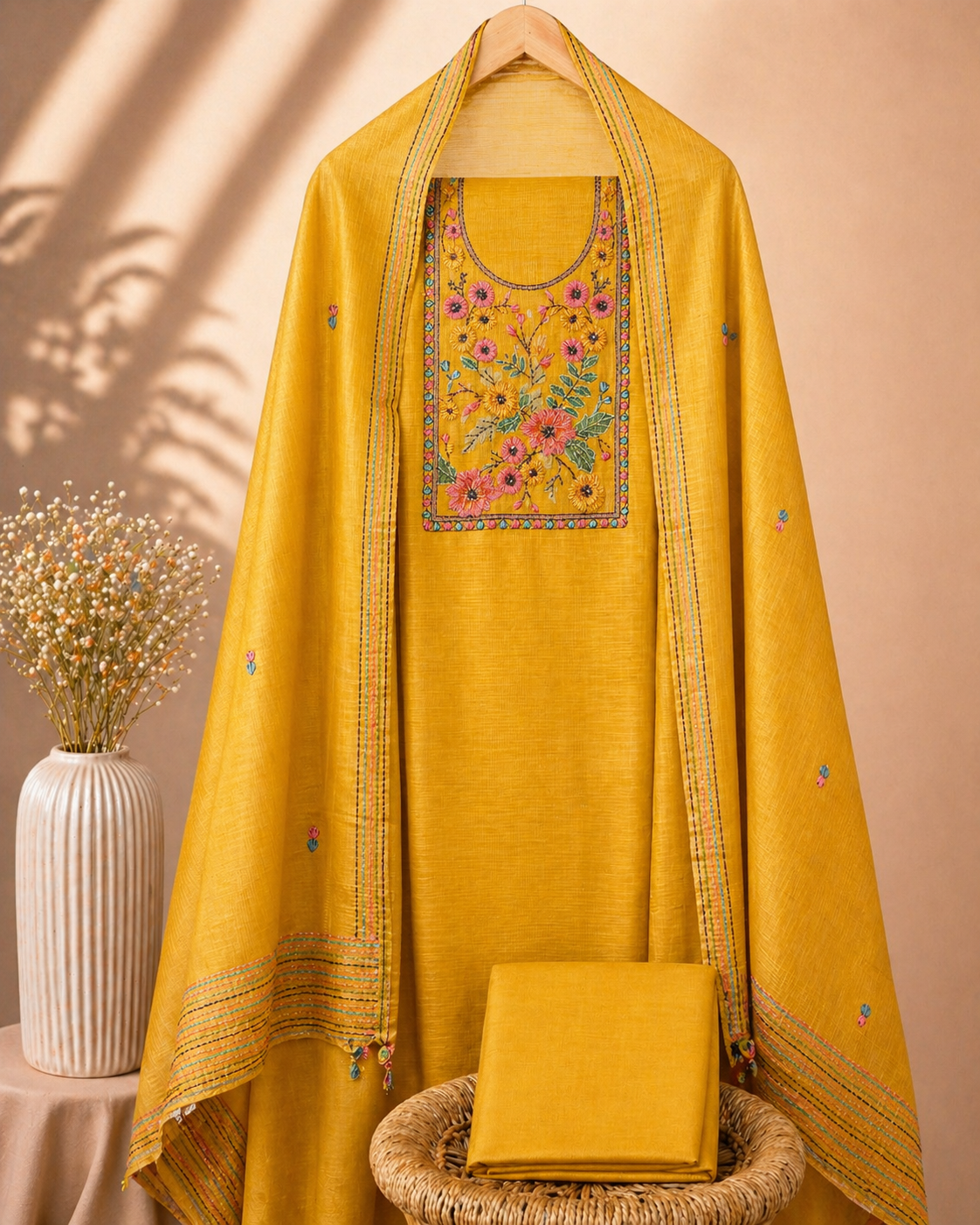 Linen Tissue Unstitched Salwar Set – Mustard Yellow