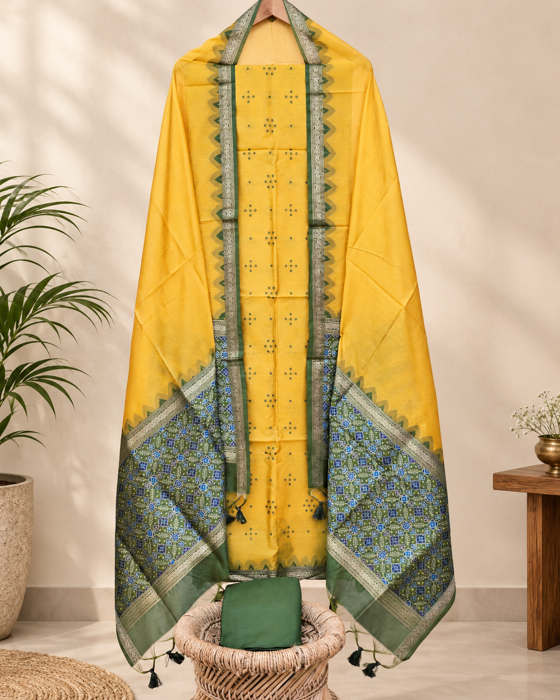 Raw Silk Unstitched Salwar - Yellow with Green
