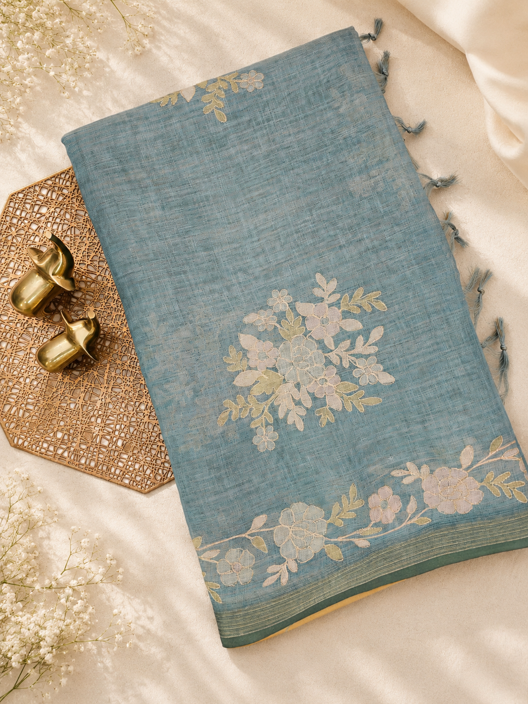 Linen Tissue with Aari Work - Blue