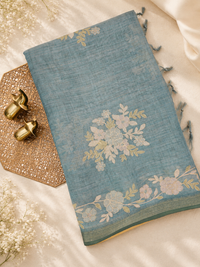 Linen Tissue with Aari Work - Blue
