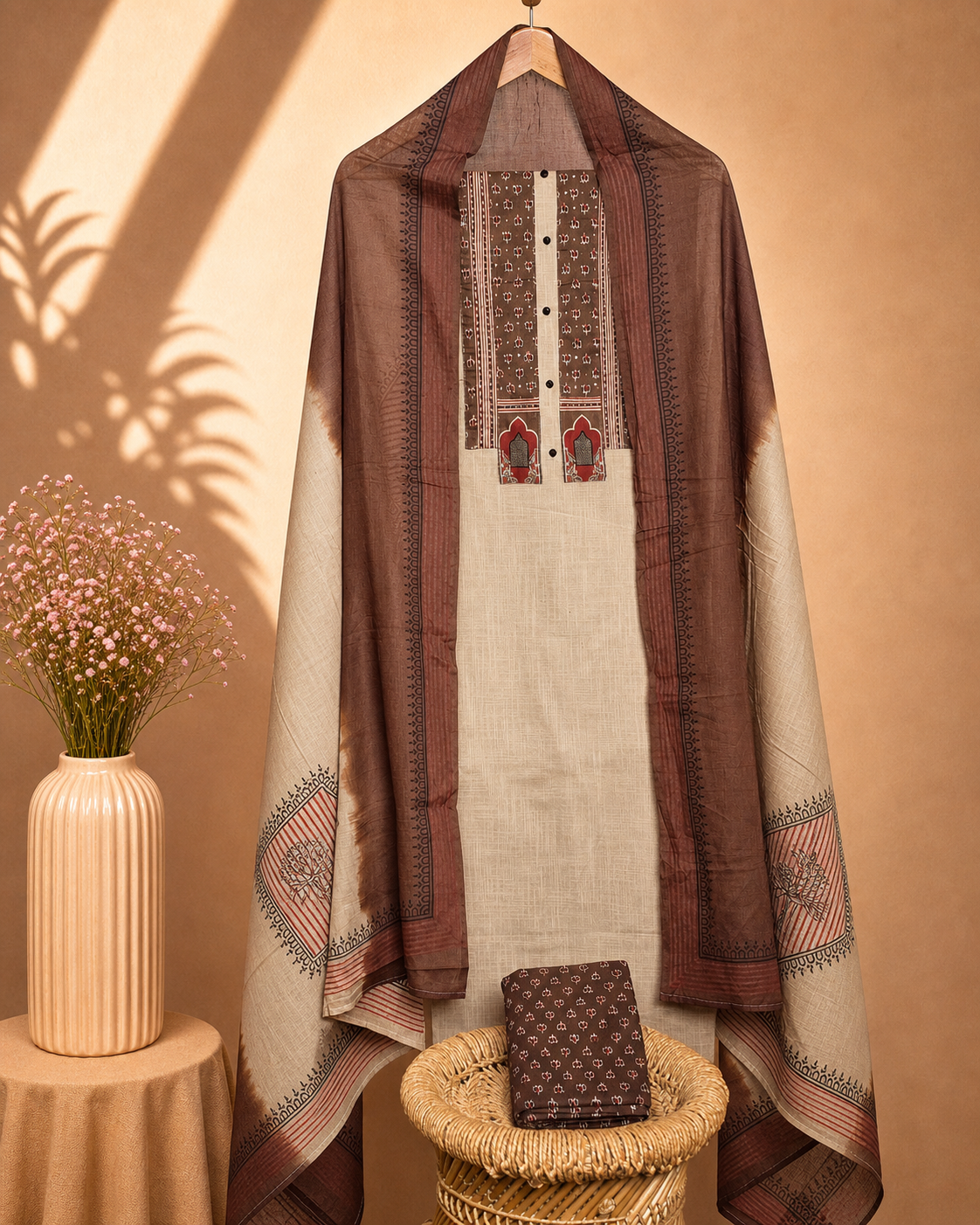 Pure Cotton Unstitched Salwar Set – Beige with Brown