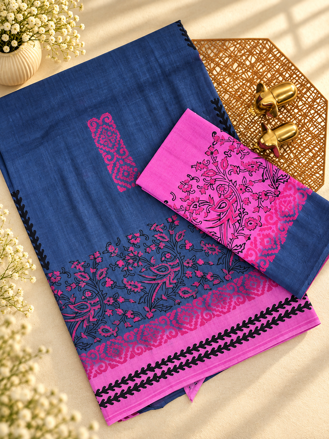 Pure Cotton with Hand Block Prints - Grey with Pink