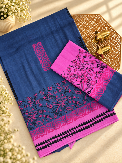 Pure Cotton with Hand Block Prints - Grey with Pink