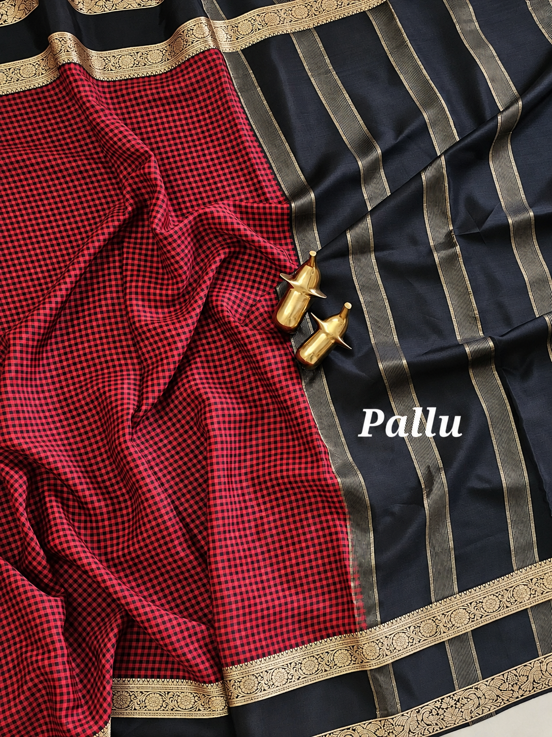 Red with Black Checks Premium Semi Mysore Crepe Silk Saree